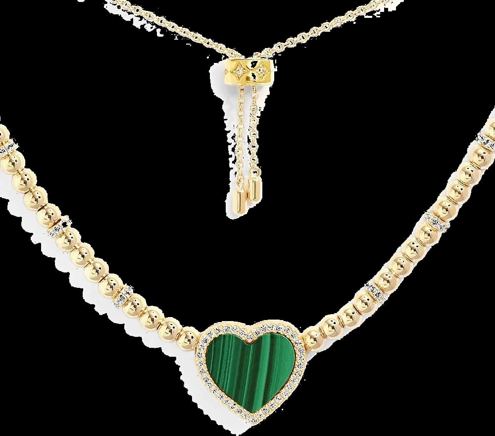 Garde-temps APM Monaco YC6909XMAL pour femme, collier cœur malachite micropavé zirconium or jaune