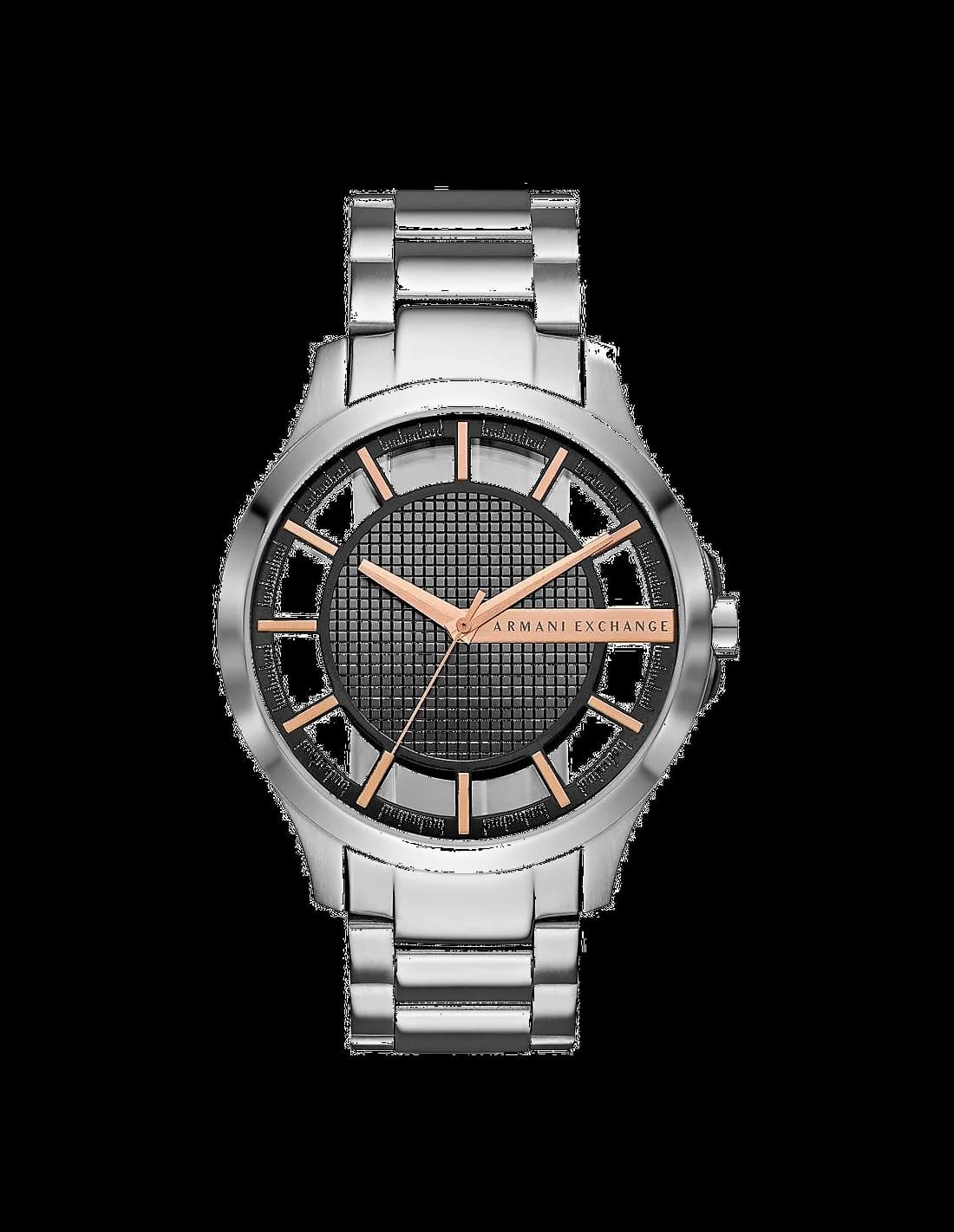 Garde-temps Armani Exchange AX2199 with open transparent dial revealing automatic movement and silver-tone hands on minimalist grey surface