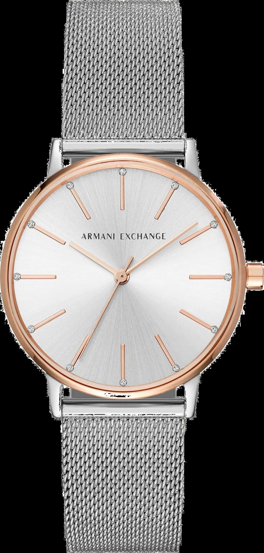Garde-temps Armani Exchange AX5537 pour femme, cadran argent, bracelet milanaise argenté, élégance fine
