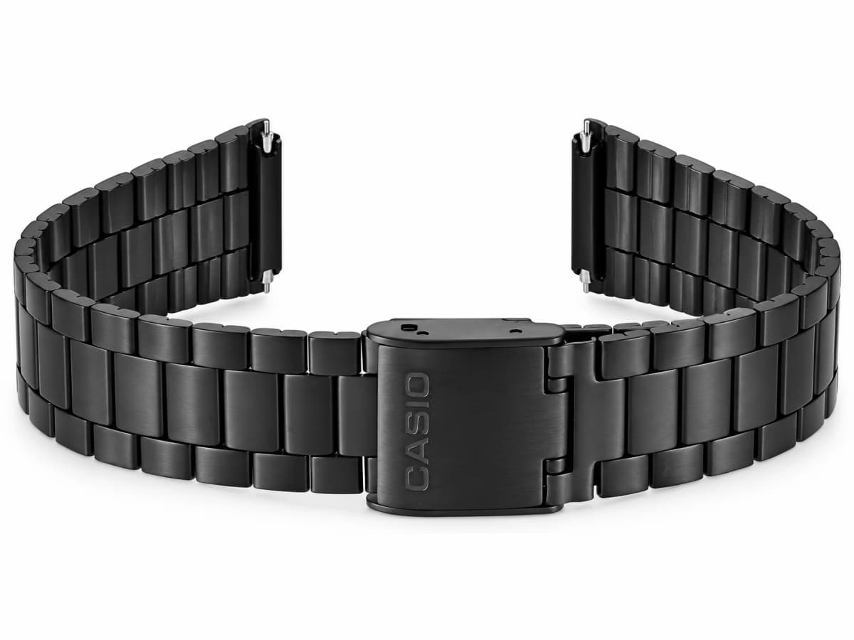 Bracelet Casio A168 noir en acier, fermoir CASIO et extrémités à goupilles