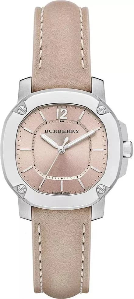 Garde-temps Burberry BBY1700 pour femme, cadran blanc avec bracelet cuir beige et acier