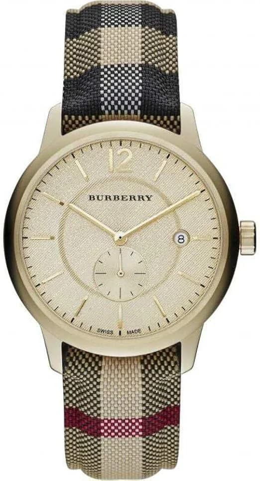 Garde-temps Burberry BU10001 pour unisexe, cadran or et bracelet cuir monogrammé