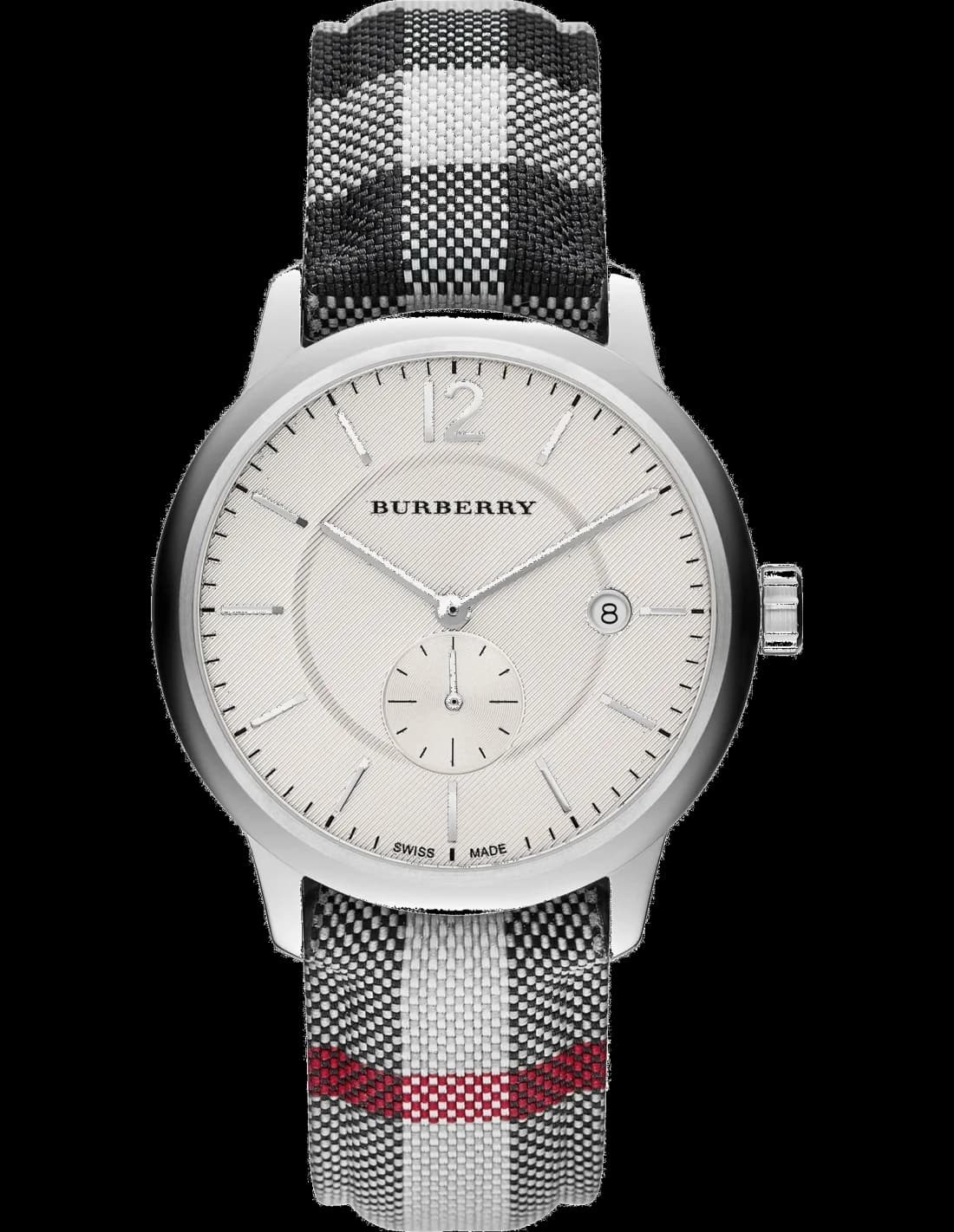 Garde-temps Burberry BU10002 pour homme, cadran argenté, bracelet textile, boîtier métal rond