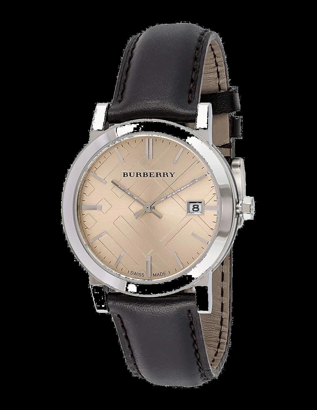 Garde-temps Burberry BU9011 pour homme, cadran beige motifs gravés, bracelet cuir marron