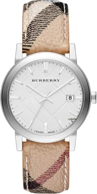 Garde-temps Burberry BU9025 pour femme, cadran argenté, bracelet cuir monogramme