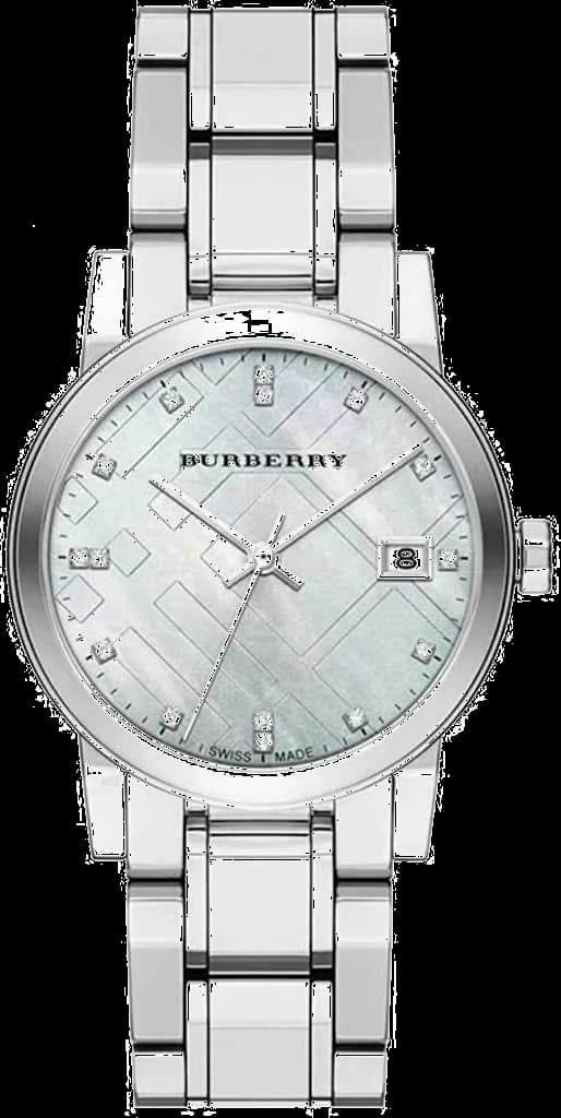 Garde-temps Burberry BU9125 pour femme, cadran nacre irisé, bracelet acier et diamants