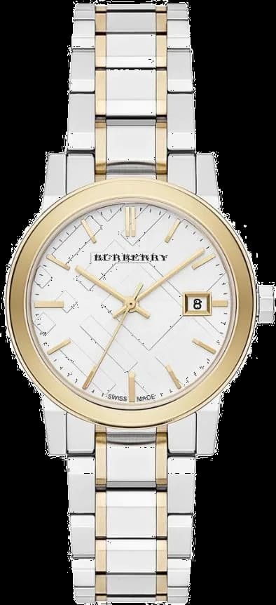 Garde-temps Burberry BU9217 pour femme, cadran blanc sur bracelet bi-ton acier et or