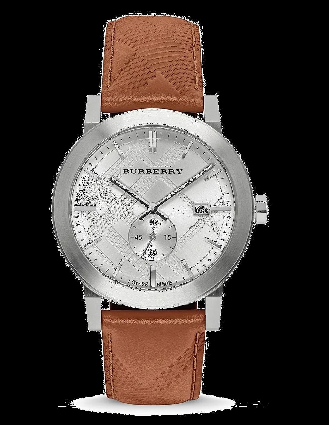 Garde-temps Burberry BU9904 pour homme, au cadran argent sur bracelet cuir marron