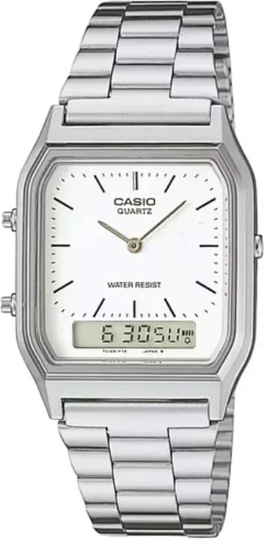 Garde-temps Casio AQ-230A-7DMQYES pour unisexe, double affichage, cadran blanc, bracelet acier