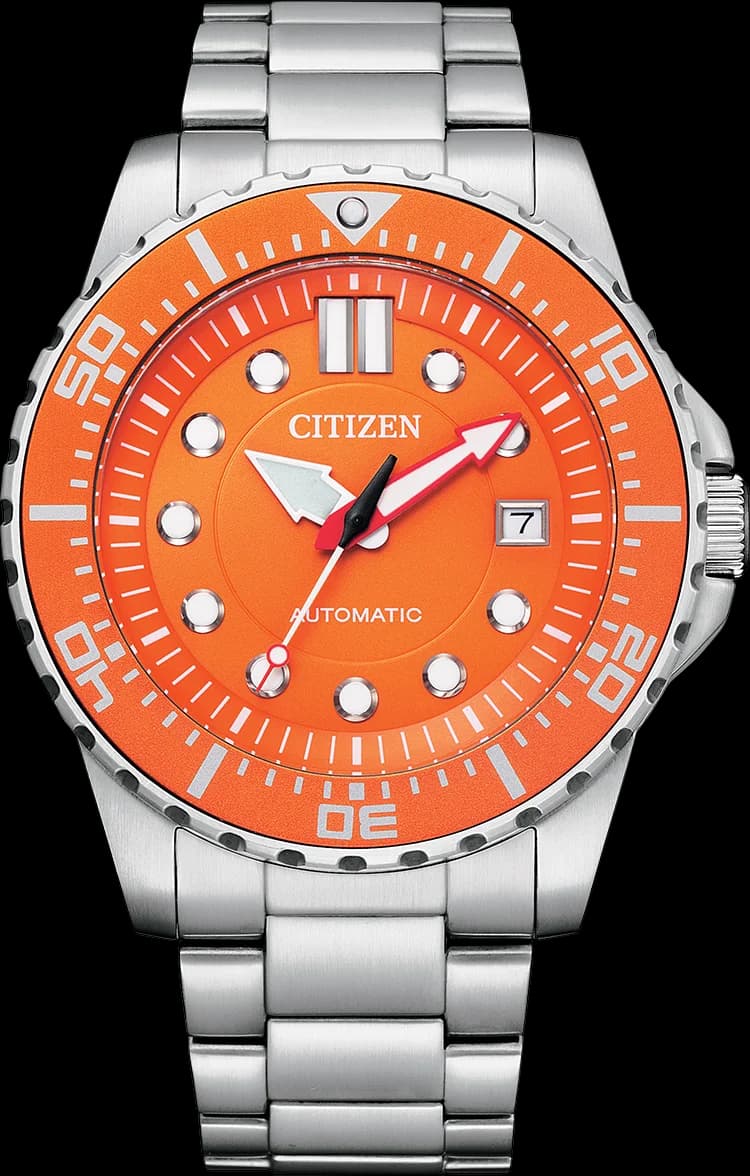 Garde-temps Citizen NJ0128-80X pour homme, cadran orange vif, bracelet acier