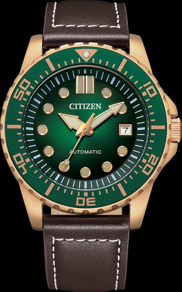 Garde-temps Citizen NJ0173-18X pour homme, cadran vert, bracelet cuir marron