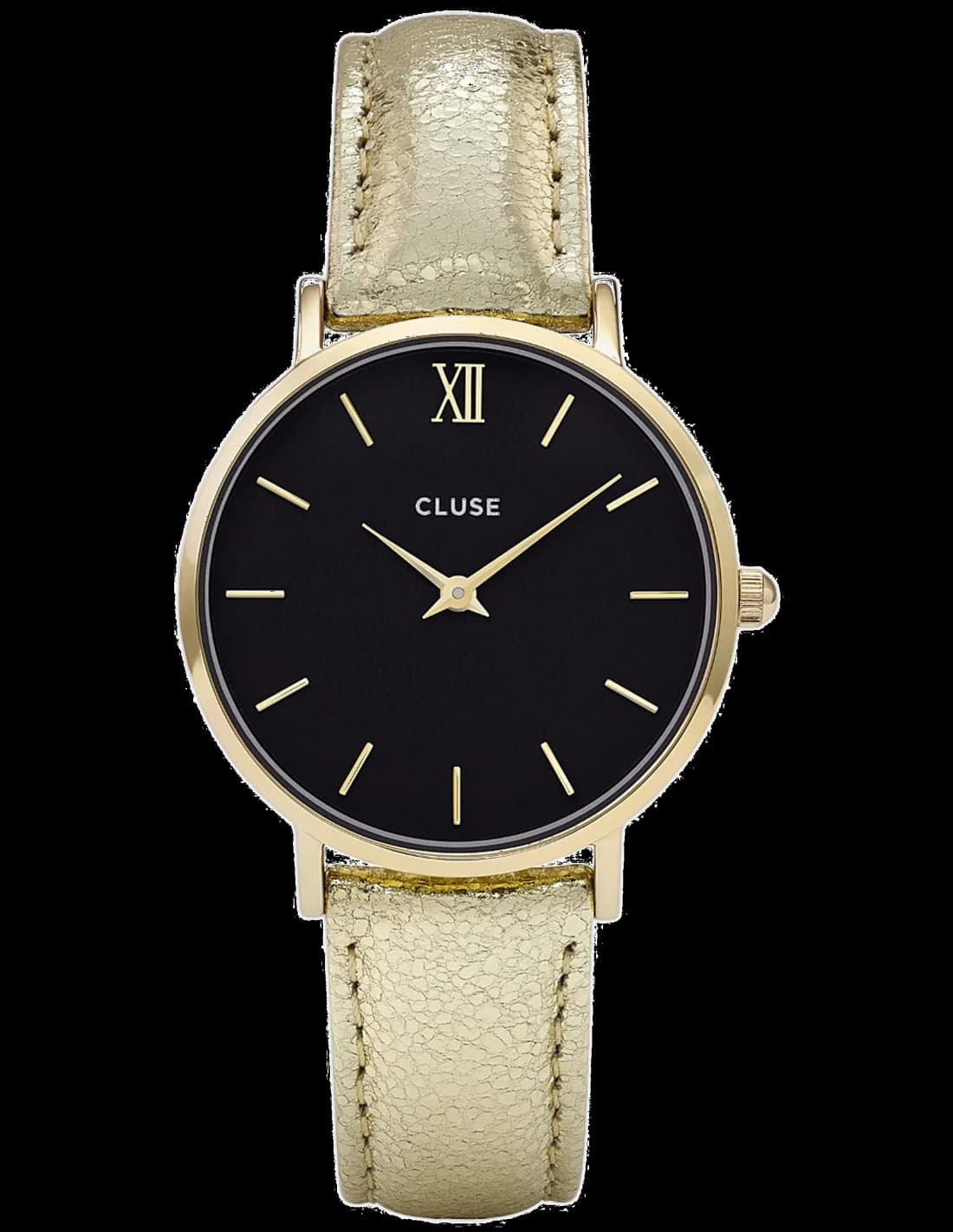 Garde-temps Cluse CL30037 pour femme, cadran noir, bracelet cuir doré