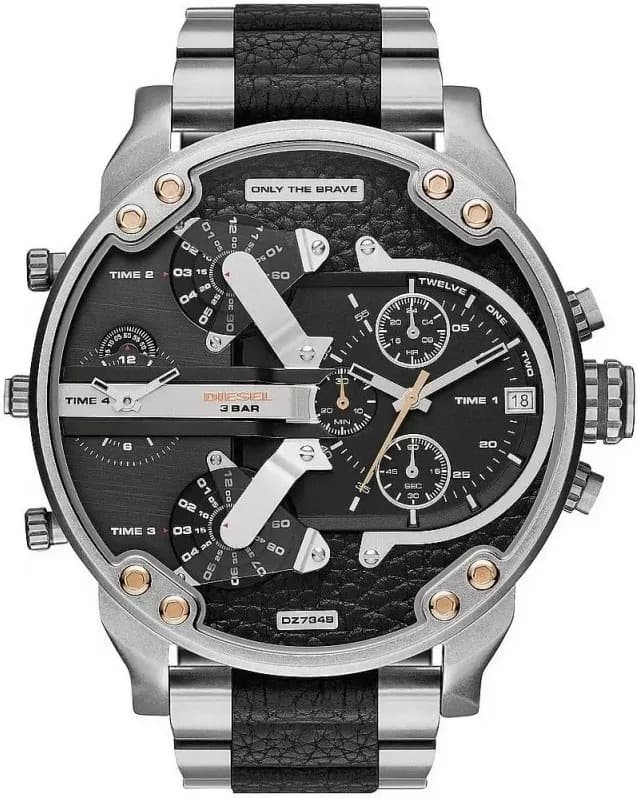 Garde-temps Diesel DZ7349 pour homme, double fuseau horaire cadran noir bracelet cuir