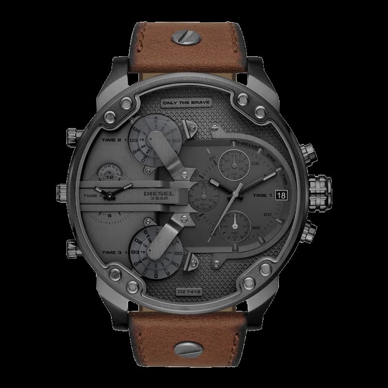 Garde-temps Diesel DZ7413 pour homme, cadran noir sur bracelet cuir marron