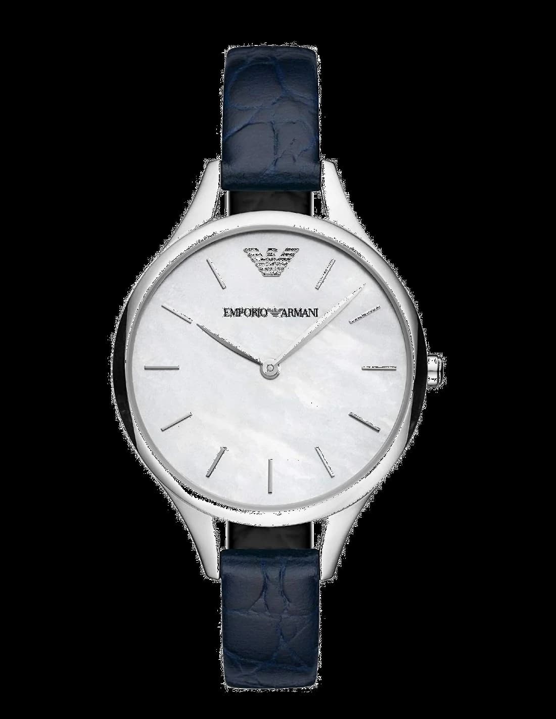 Garde-temps Emporio Armani AR11090 cadran bleu soleillé, aiguilles argentées et index bâton, style classique moderne