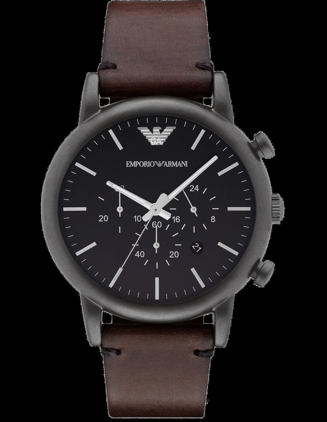 Garde-temps Emporio Armani AR1919 pour homme, cadran noir, bracelet cuir marron