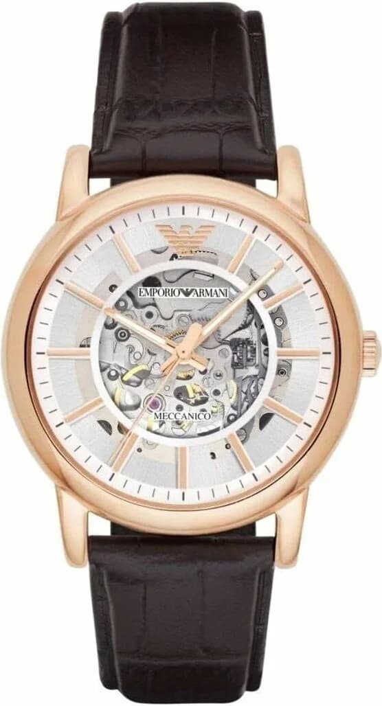 Montre Emporio Armani AR1983 squelette homme cadran argent bracelet cuir marron