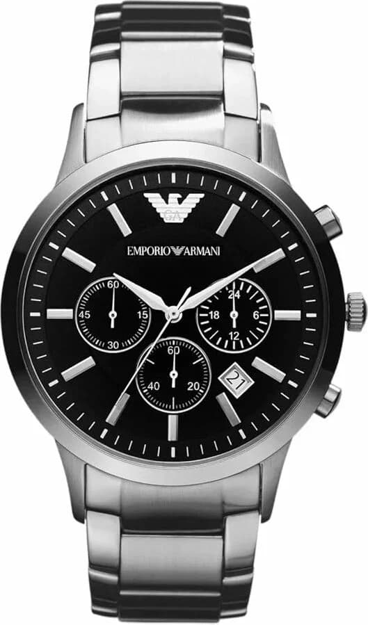 Garde-temps Emporio Armani AR2434 pour homme, au cadran noir et bracelet acier argenté