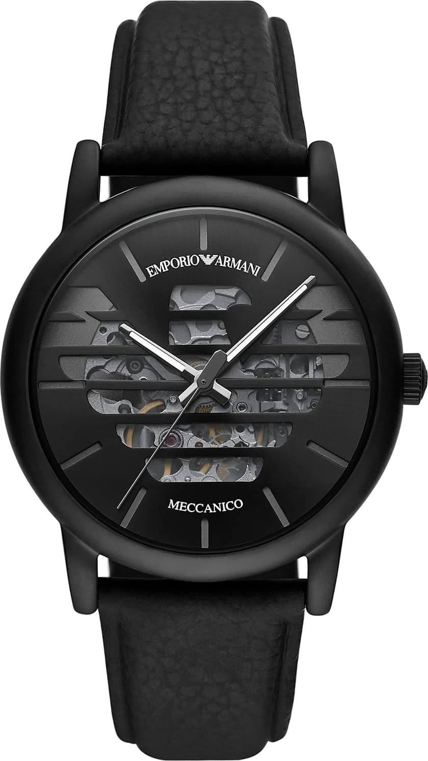 Garde-temps Emporio Armani AR60032 pour homme, cadran squelette noir, bracelet cuir noir