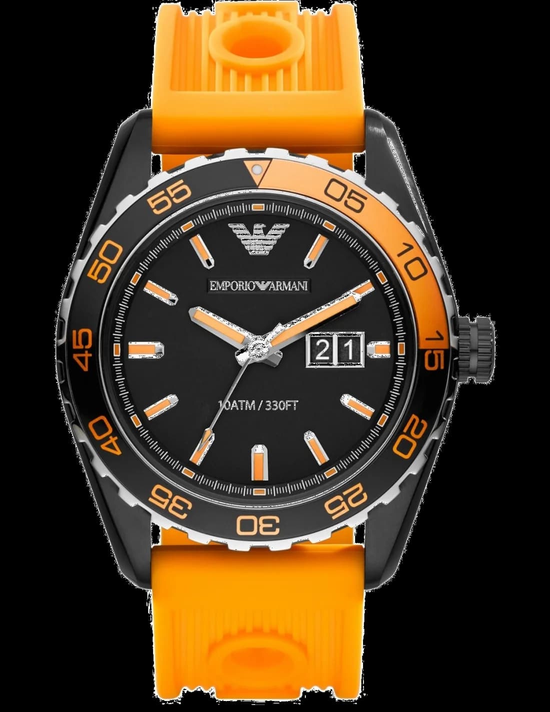 Garde-temps Emporio Armani AR6046 pour homme, cadran noir, bracelet silicone orange sportif