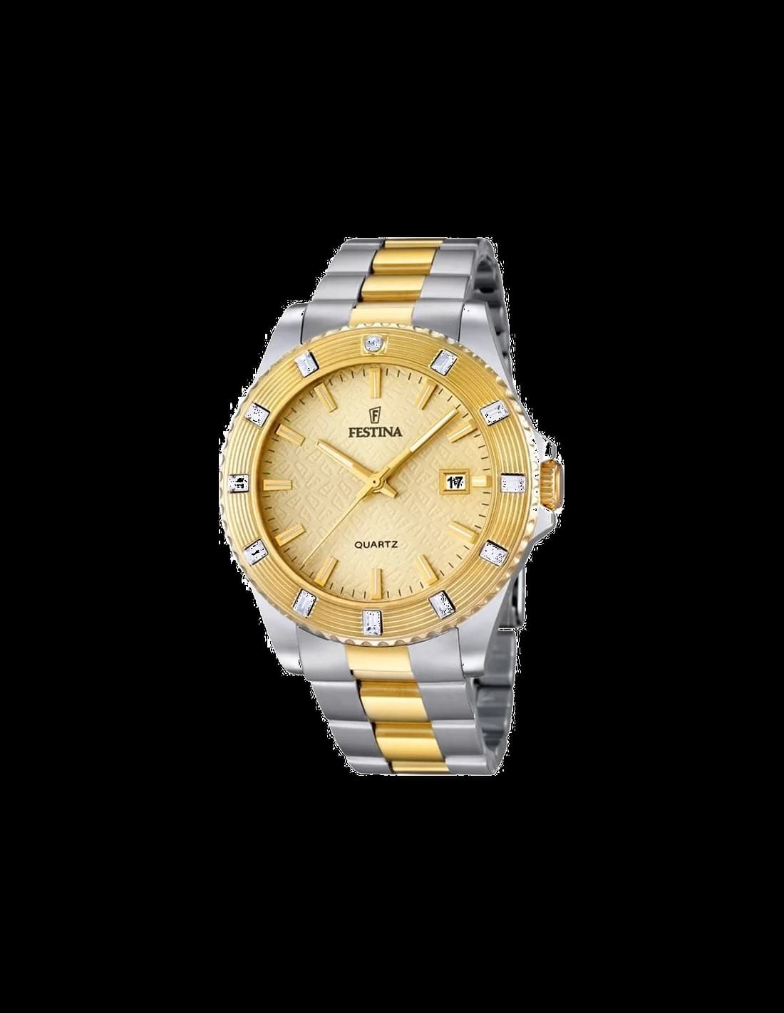 Garde-temps Festina F16688/2 pour femme, bicolore acier cadran or pierres zircon