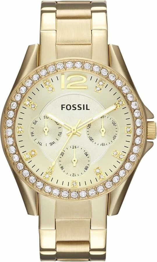 Garde-temps Fossil ES3203 pour femme, cadran or et strass sur bracelet acier