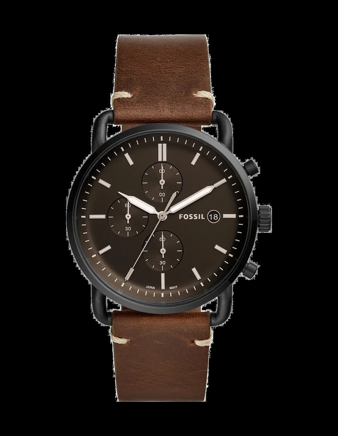Garde-temps Fossil FS5403 pour homme, cadran noir, bracelet cuir marron