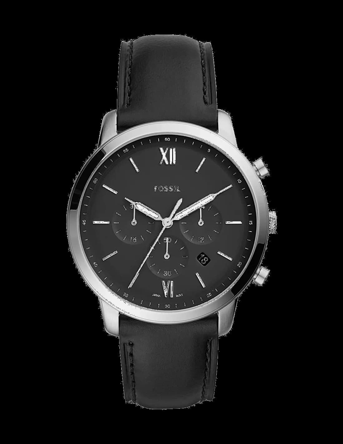 Garde-temps Fossil FS5452 pour homme, au cadran noir et bracelet cuir