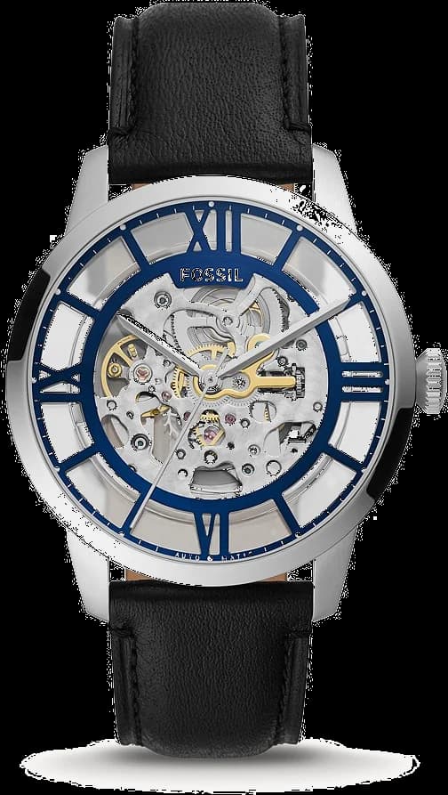 Garde-temps Fossil ME3200 pour homme, cadran squelette bleu, bracelet cuir noir