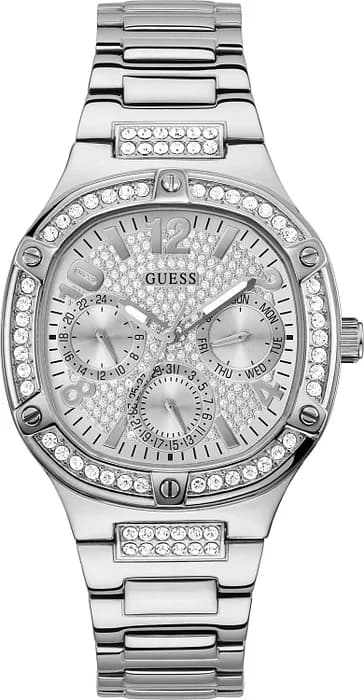 Garde-temps Guess GW0558L1 pour femme, boîtier pavé de strass, cadran argenté et bracelet acier