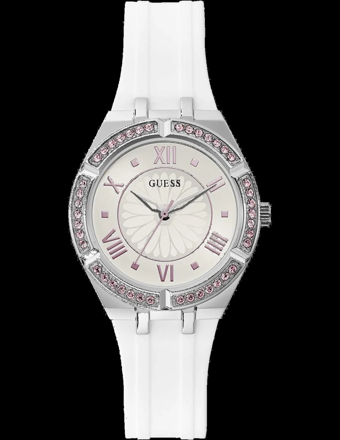 Garde-temps Guess GW0032L1 pour femme, silicone blanc boîtier strass cadran argent