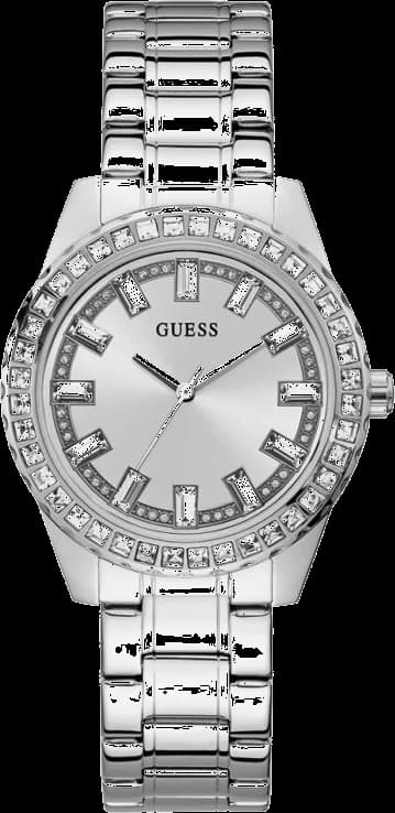 Garde-temps Guess GW0111L1 arborant un cadran argenté scintillant avec index strass, style raffiné et féminin