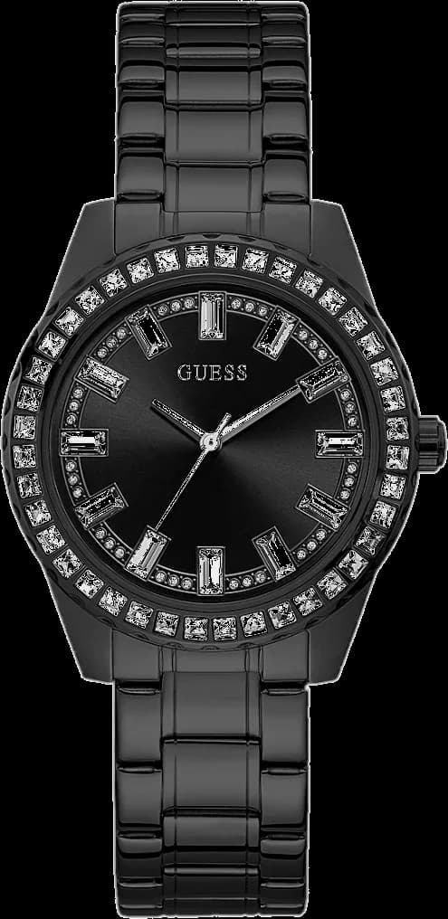 Garde-temps Guess GW0111L4 pour femme, cadran noir et strass sur bracelet acier