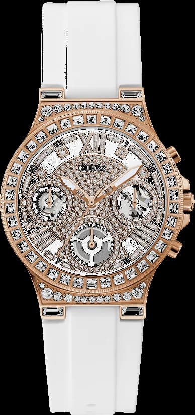 Garde-temps Guess GW0257L2 pour femme, cadran blanc orné de strass, bracelet silicone blanc