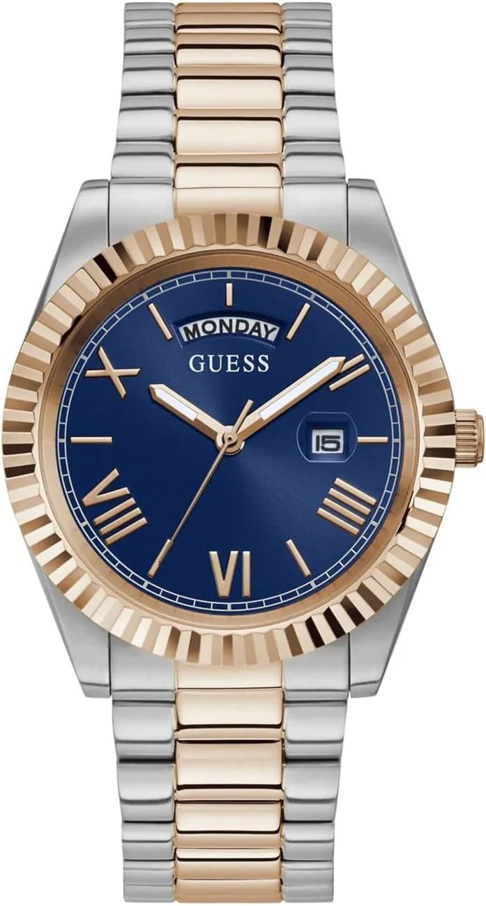 Garde-temps Guess GW0265G12 pour homme, au cadran bleu et bracelet acier bicolore