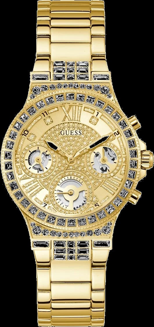 Garde-temps Guess GW0320L2 pour femme, cadran or et bracelet acier doré orné de cristaux