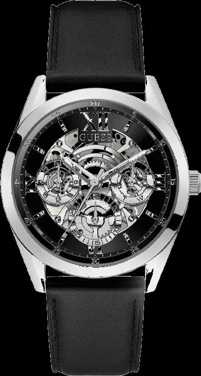 Garde-temps Guess GW0389G1 pour homme, squelette noir, bracelet cuir noir sport chic