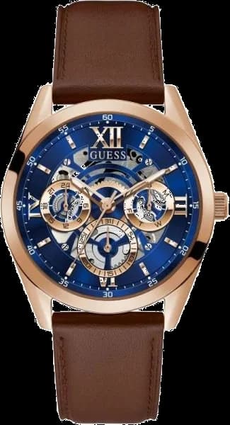 Garde-temps Guess GW0389G3 pour homme, cadran bleu nuit et bracelet cuir marron