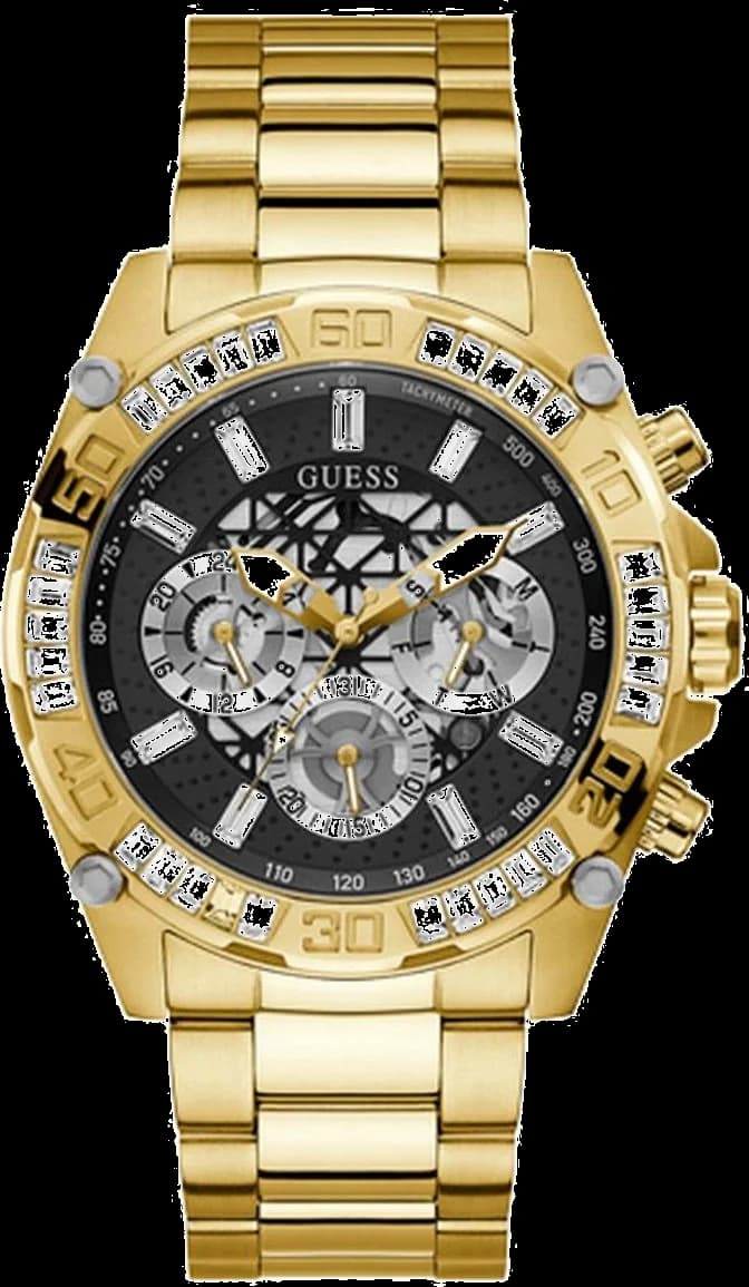 Garde-temps Guess GW0390G2 pour homme, cadran noir sur boîtier acier doré