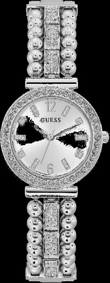 Garde-temps Guess GW0401L1 affichant cadran argenté avec index strass et aiguilles lumineuses sur fond brillant