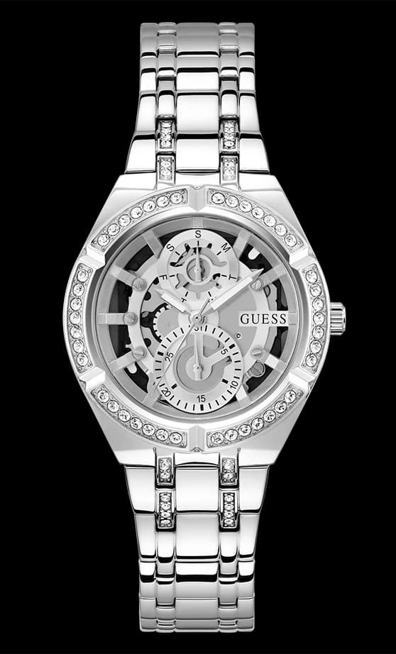 Garde-temps Guess GW0604L1 pour femme, bracelet acier argenté cadran squelette multifonctions