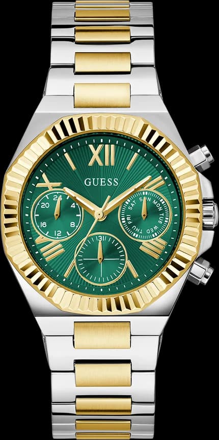 Garde-temps Guess GW0769L4 pour femme, multifonctions avec cadran vert et acier bicolore