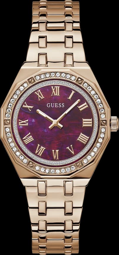 Garde-temps Guess GW0770L3 pour femme, nacre rouge bordeaux, bracelet acier or rose