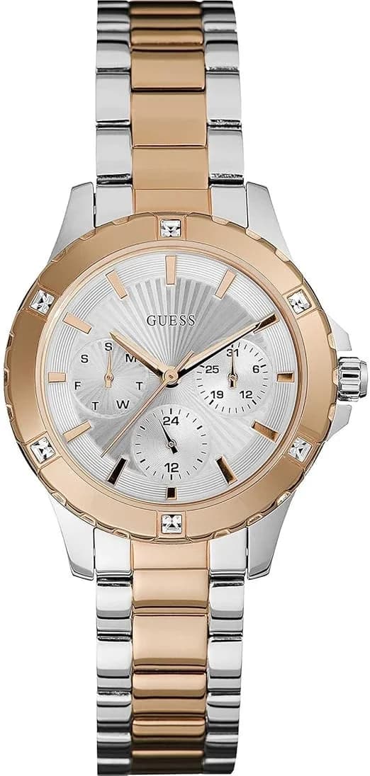 Garde-temps Guess W0443L4 pour femme, cadran argenté, bracelet acier