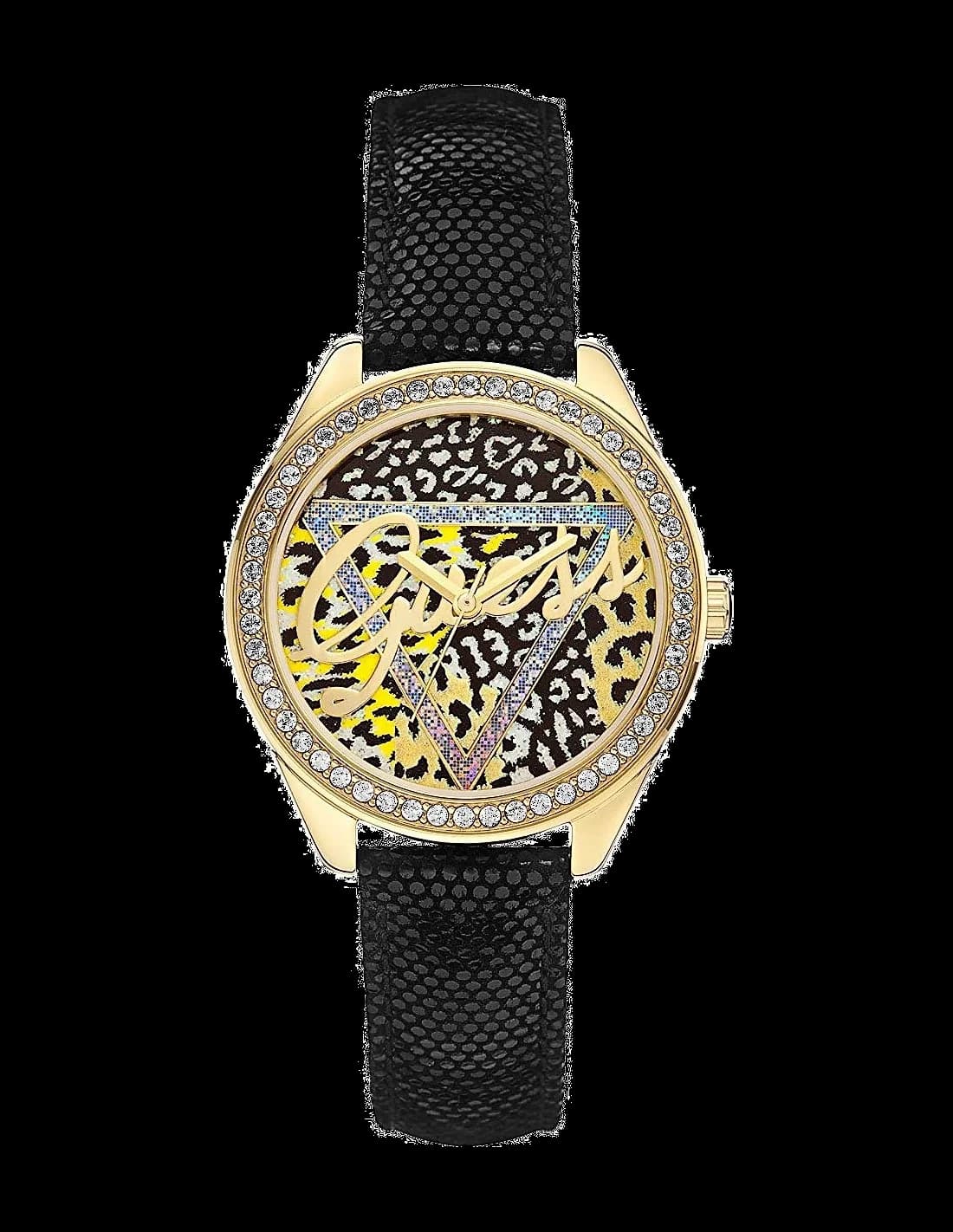 Garde-temps Guess W0456L4 au cadran noir soleil, index dorés et aiguilles bâton sur fond noir texturé