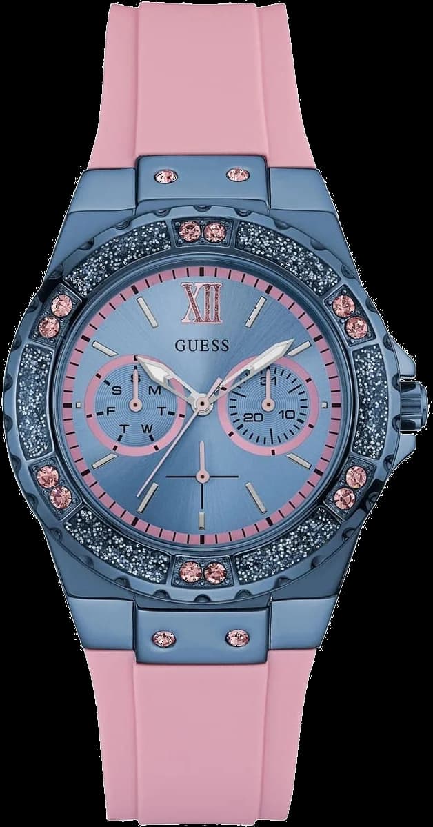 Garde-temps Guess W0775L5 pour femme, cadran violet avec cristaux et bracelet silicone