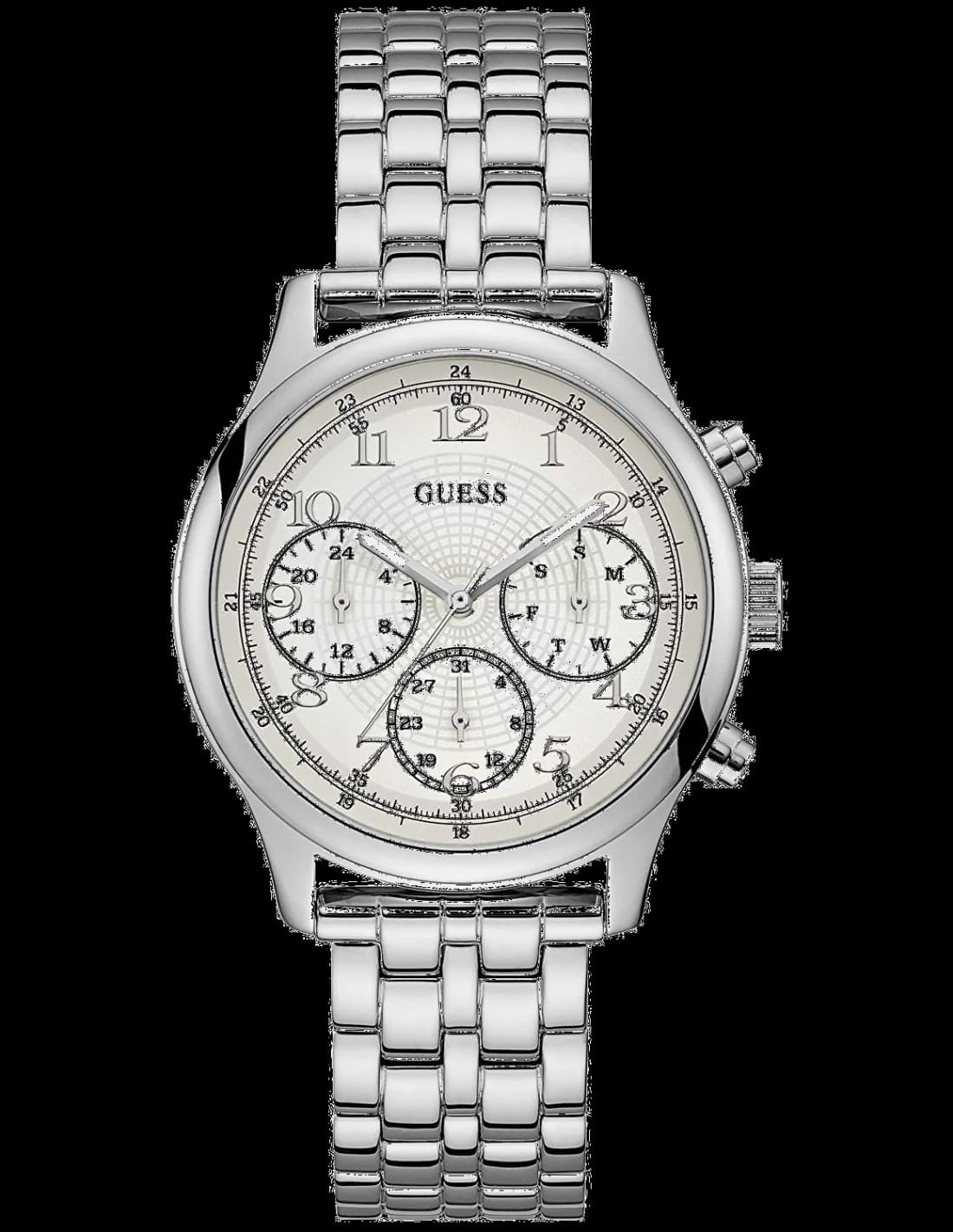 Garde-temps Guess W1018L1 pour femme, cadran argent sur bracelet acier