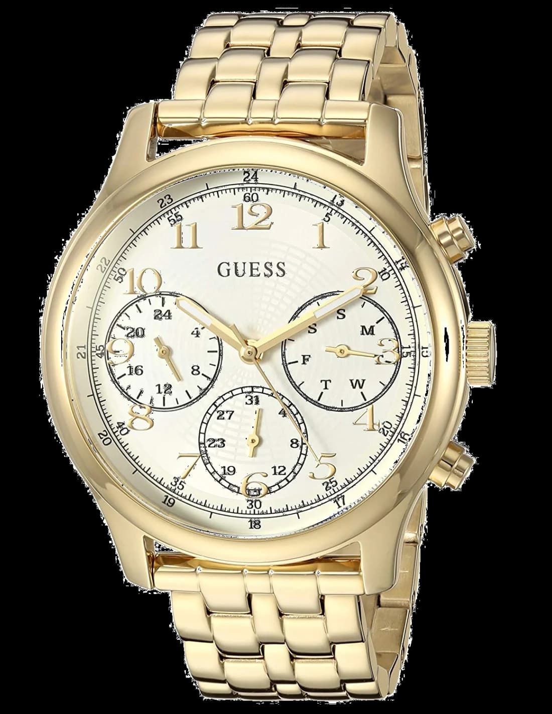 Garde-temps Guess W1018L2 pour femme, cadran blanc et boîtier acier doré