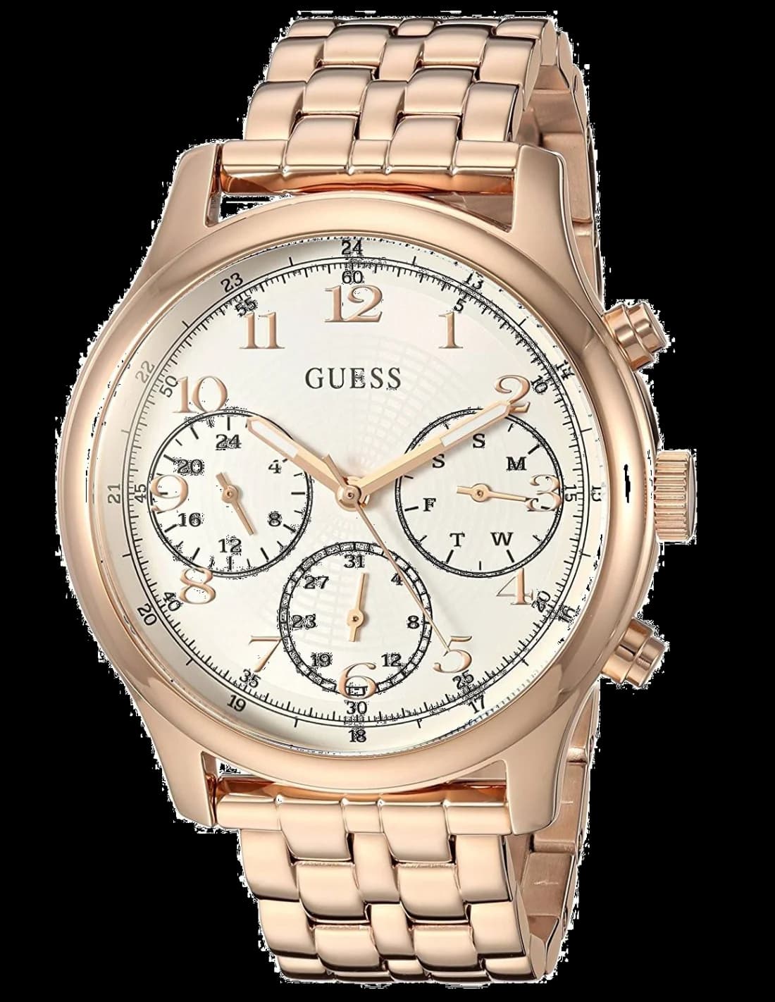 Garde-temps Guess W1018L3 pour femme, cadran blanc avec cristaux et acier rose gold