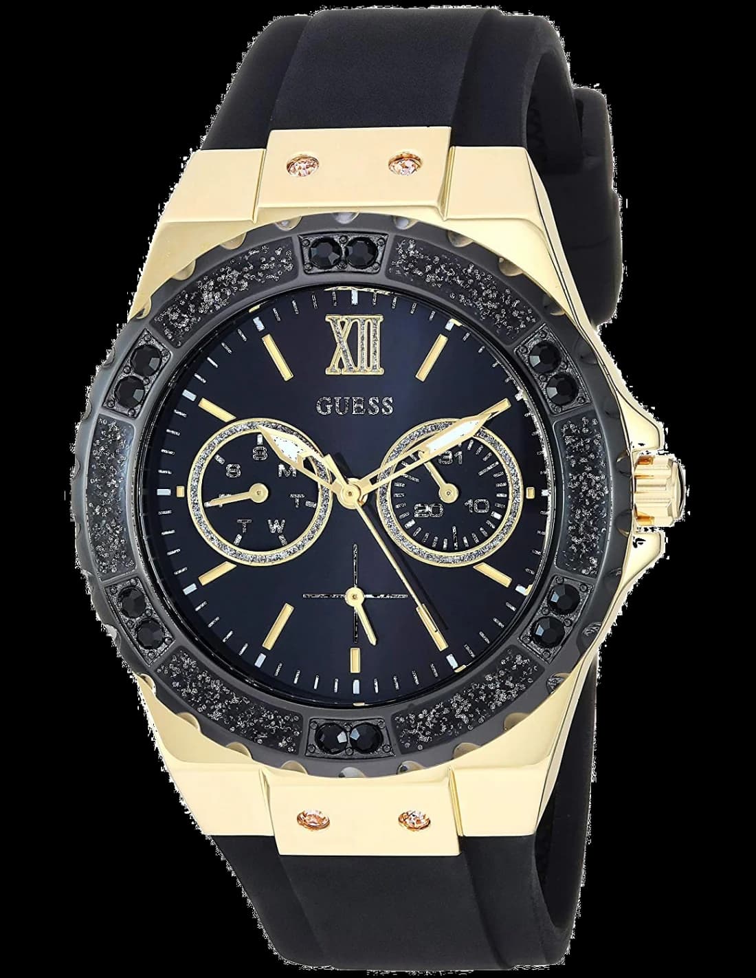 Garde-temps Guess W1053L7 pour femme, cadran noir cristaux, bracelet silicone
